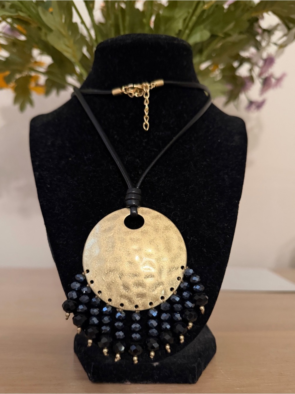 24” Long Gold Disc Pendant Necklace with Black Bead Fringe